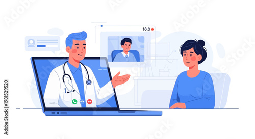 Online doctor consultation via video call on laptop, telemedicine concept