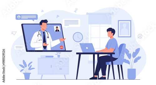 Online doctor consultation via video call, patient at home using laptop for telemedicine