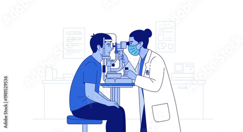 Ophthalmologist examining patient's eye with slit lamp in clinic, eye care concept