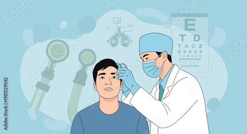 Ophthalmologist examining patient's eye with medical instruments, eye chart in background