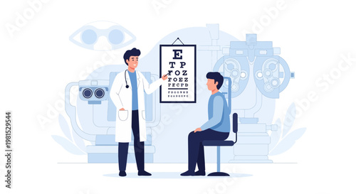 Ophthalmologist examining patient's vision with eye chart and equipment