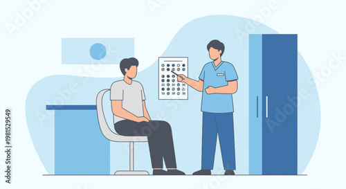Optometrist examining patient's vision with eye chart in clinic