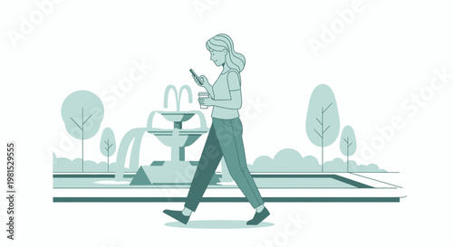 Person Walking in Park with Coffee and Phone, Fountain and Trees Background