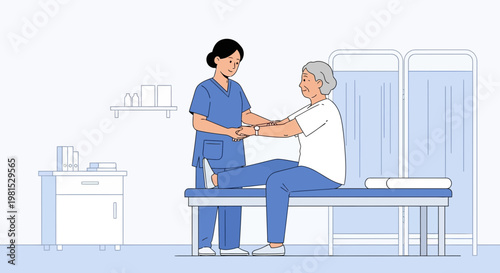 Physical therapist assisting elderly woman with leg exercise on examination table