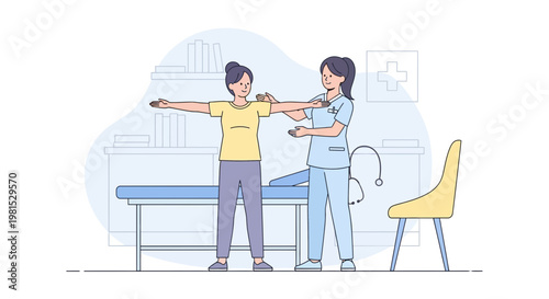 Physical therapist assisting patient with arm exercise in clinic examination room