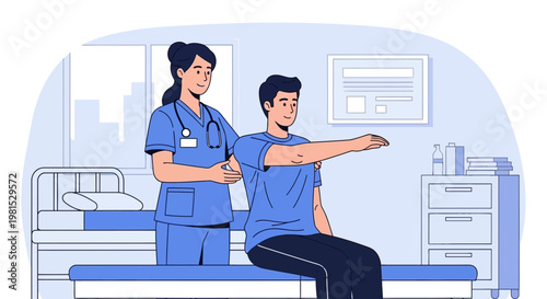 Physical Therapist Assisting Patient With Arm Exercise in Clinic