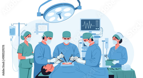 Surgical Team Performing Operation in Operating Room with Medical Equipment