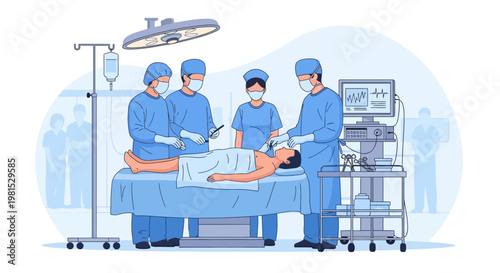 Surgical Team Performing Operation on Patient in Operating Room with Medical Equipment