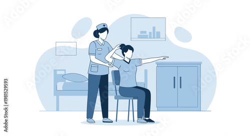 Physical therapist assisting patient with arm exercise in rehabilitation clinic