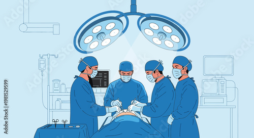 Surgical Team Performing Operation Under Bright Lights in Modern Operating Room
