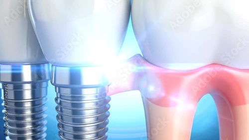Dental implants and healthy teeth, showing the structure and placement on blue background.