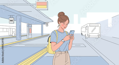 Woman using smartphone at bus stop, waiting for transport with backpack