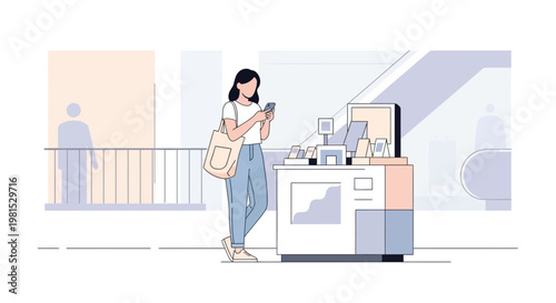 Woman using smartphone at retail display in modern shopping mall