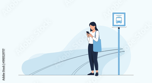 Woman using smartphone at bus stop, waiting for public transport, urban lifestyle