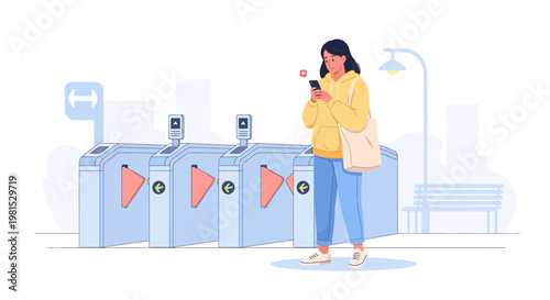 Woman using smartphone at subway turnstile for contactless ticket payment, urban commute