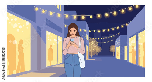 Woman using smartphone on illuminated street at night, shopping windows, festive lights