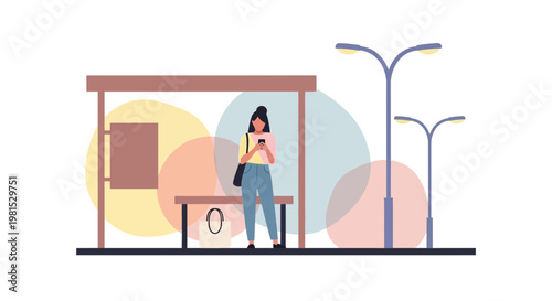 Woman waiting at bus stop with phone, urban streetlights, colorful abstract background