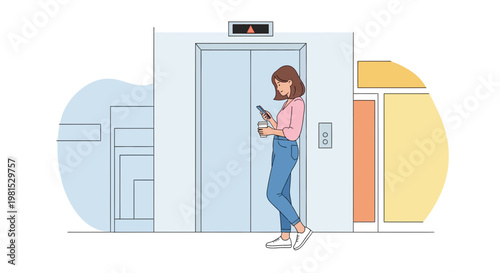 Woman waiting for elevator, looking at phone, modern office building interior, minimalist design