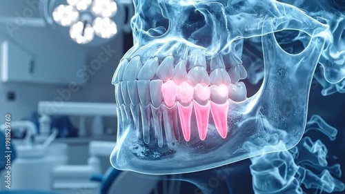 Dental x-ray showing teeth and jaw structure with highlighted areas of concern.