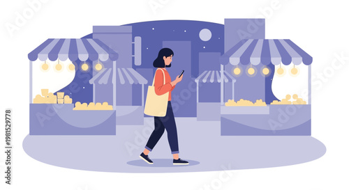 Woman walking at night market with phone, shopping bags, and stalls