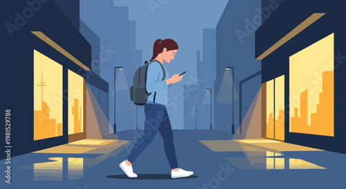 Woman walking at night in city street with smartphone, urban lifestyle