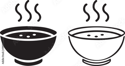 Minimalist soup bowl icons, hot steaming broth in ceramic bowls, black and white vector set for restaurant menus and food apps