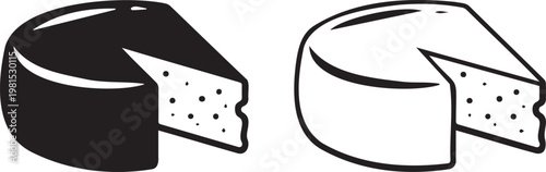 Vintage cheese wheel vector icons, black and white dairy product illustrations, rustic hand drawn cheese block with slice cut out