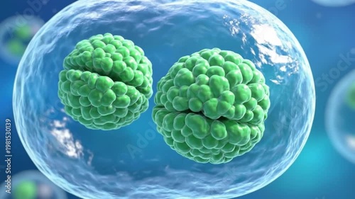 Close-up of cells with green spherical structures inside, representing biological or medical research.