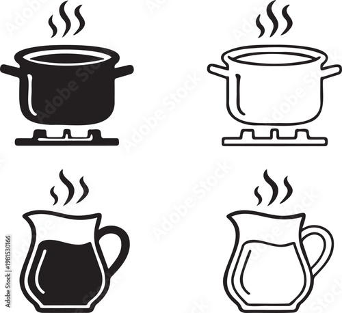 Minimalist cooking icons set, boiling pot on stove and hot beverage pitcher vectors, black and white kitchenware symbols for culinary apps
