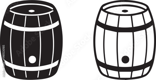 Vintage wooden barrel vector icons, rustic oak wine and beer keg illustrations, black and white brewery storage containers for branding and logos