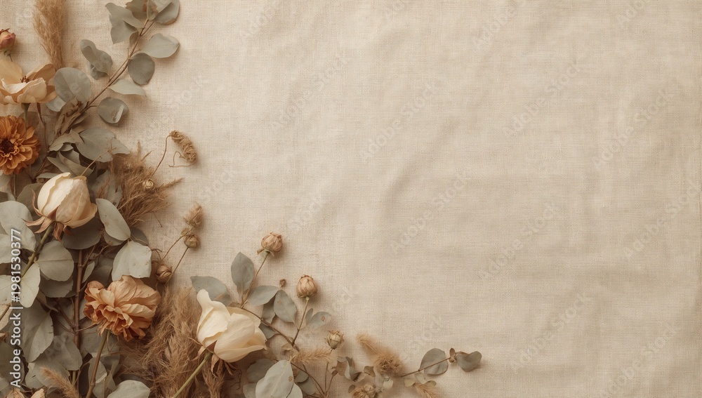 Obraz premium Dried flowers on linen fabric texture creating a soft natural and minimal background with rustic aesthetic.