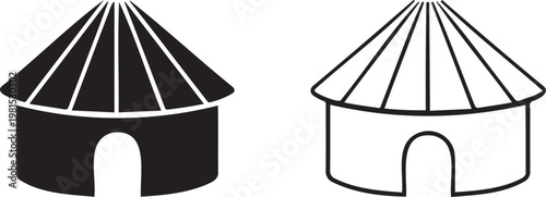 African hut icon set, traditional tribal dwelling vector illustration, black and white round mud house with thatched roof, ethnic village home symbols