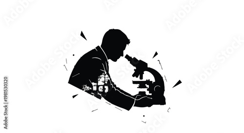 Scientist examines a sample through a laboratory microscope in a detailed black and white silhouette.