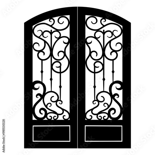 Elegant double arched wrought iron door with ornate scrollwork and swirl filigree pattern, luxury entrance gate bold black silhouette illustration isolated on background