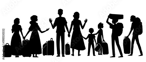 Group of travelers with luggage and backpacks including family with children, couples waving goodbye at airport departure, bold black silhouette illustration isolated on background