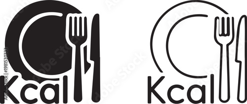 Kcal calorie counter icons with plate and cutlery, minimalist food nutrition symbols, black and white diet and healthy eating vector graphics