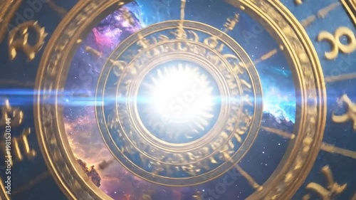 Mystical zodiac wheel with astrological symbols against a cosmic nebula background.