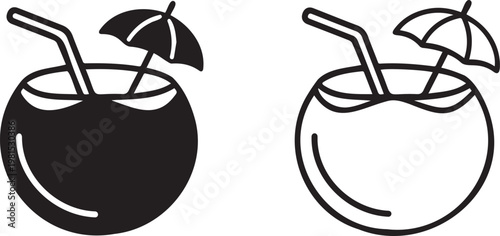 Tropical coconut cocktail vector icons, summer beach drink with straw and umbrella, black silhouette and line art coconut water beverage