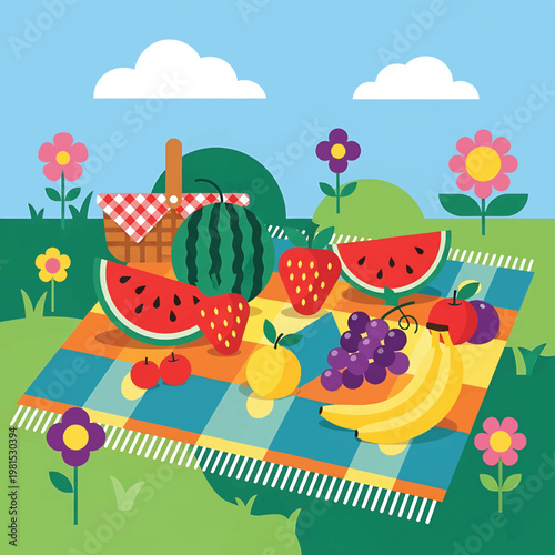 Colorful fruit spread on blanket outdoors.