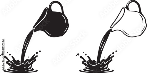Minimalist milk pitcher vector icons, pouring liquid with splash effect, black and white cream jug illustrations for cafe menu design