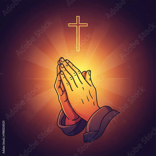 Hands in prayer with a cross.