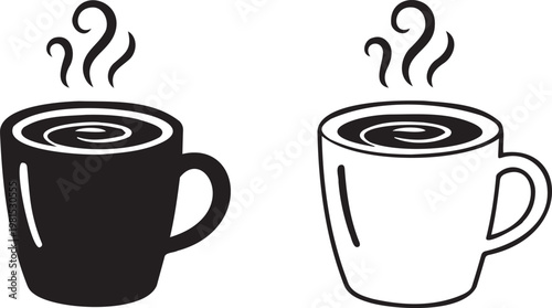 Minimalist coffee cup icons with steam, black and white hot beverage mug vector set, simple cafe drink symbols for menu design