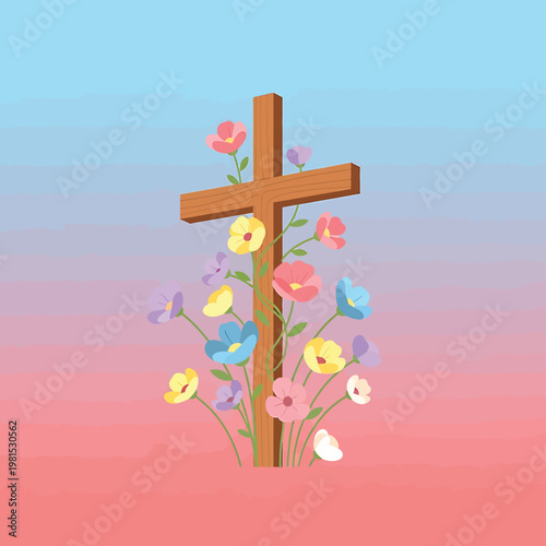 Brown Cross with Colorful Easter Flowers.