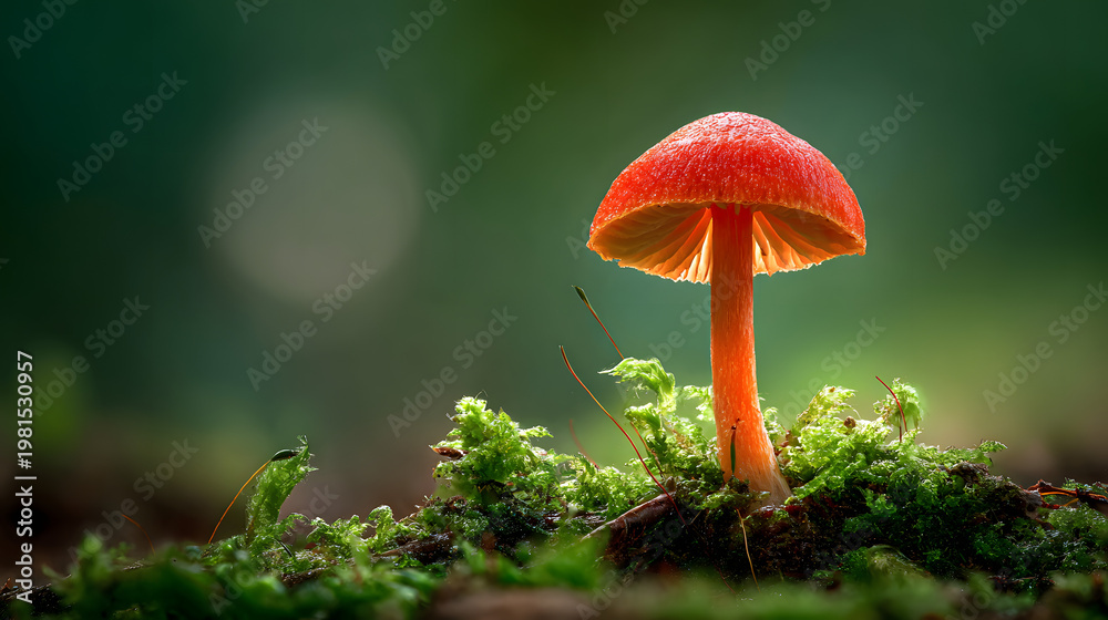 Fototapeta premium Vibrant Red Mushroom Growing in Macro with Open Cap on a Mossy Forest Floor Surrounded by Soft Natural Light