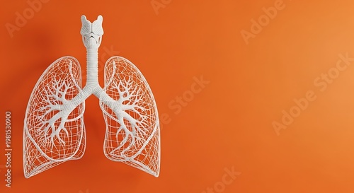 White skeletal lung model with trachea on an orange backdrop, showcasing medical illustration