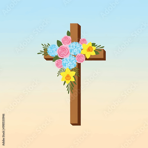 Brown Cross with Colorful Flower Arrangement.