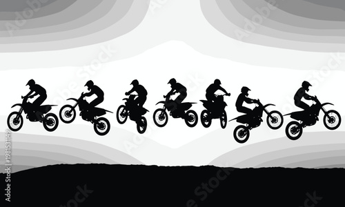 motocross rider silhouettes sequence, dirt bike jumping action, extreme sports illustration, offroad racing concept, isolated black figures, dynamic movement, adrenaline activity