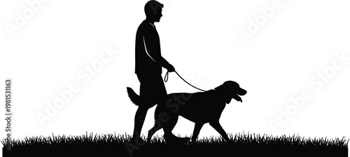 man walking dog silhouette, pet owner outdoor activity, leash training concept, animal companionship scene, isolated black figure, healthy lifestyle walk