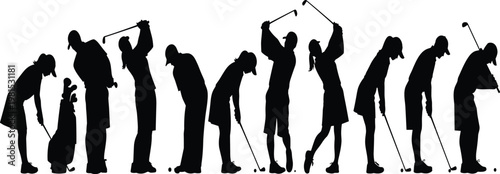 golf player silhouettes set, golfer swing sequence, sports action collection, isolated black figures, golf practice poses, outdoor game concept, athletic movement