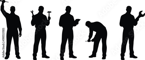 worker silhouettes set, handyman tools collection, construction repair concept, professional technician poses, isolated black figures, maintenance service, industrial labor illustration
